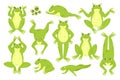 Frog cute set, funny happy green frog characters croak jump hop leap sleep collection Royalty Free Stock Photo