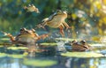 A frog doing leapfrog playfully jumping over other frogs in a lush pond setting Royalty Free Stock Photo