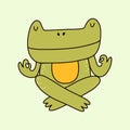 Frog doing yoga. Cute cartoon doodle toad sitting in zen pose on the pool.