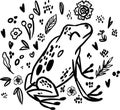 Frog doodle hand drawn coloring page. Cartoon abstract animal in scandinavian style. Wild rainforest animal. Grass branches with Royalty Free Stock Photo