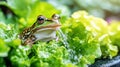 Frog drinking from fresh lettuce Royalty Free Stock Photo