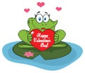 Frog Female Cartoon Mascot Character In A Pond Holding A Valentine Love Heart With Text Happy Valentines Day Royalty Free Stock Photo