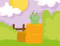 Frog with flies on hay stack fence bushes farm animal cartoon