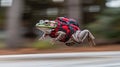 Frog in flight with backpack Royalty Free Stock Photo