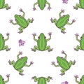 Frog with fly seamless pattern. Vector Hand drawn green character illustration isolated on white background. Cartoon Royalty Free Stock Photo
