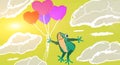 Frog Flying In The Sky, Support Of Love Balloons ,Sunrise Morning With Cloudscape. Hand-Drawing Illustration.