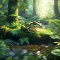 Frog in the forest on a mossy stone in the water