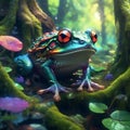 Frog in the forest on a mossy stone in the water