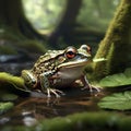 Frog in the forest on a mossy stone in the water