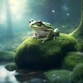 Frog in the forest on a mossy stone in the water