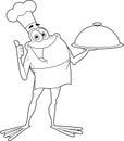 Outlined Frog Chef Cartoon Character Holding A Sliver Platter And Giving A Thumbs Up