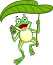 Cute Green Frog Cartoon Character Holds A Leaf Umbrella And A Wad Of Dollars Royalty Free Stock Photo