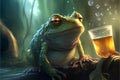 Frog with a glass of beer in the forest. 3d rendering