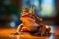 Frog with gold crown. The fairy tale concept of change and transformation. Generative AI