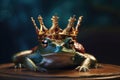 Frog with gold crown. The fairy tale concept of change and transformation. Generative AI