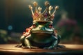 Frog with gold crown. The fairy tale concept of change and transformation. Generative AI