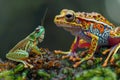 A frog and grasshopper sitting on a mossy surface. Suitable for nature and wildlife themes Royalty Free Stock Photo