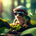 Frog with a green helmet and sunglasses on a mossy stone