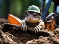 Frog in hard hat driving mini bulldozer Royalty Free Stock Photo