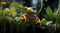 Frog hiding under the big leaf from the rain. Generative AI