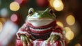 Frog in holiday sweater on gift-wrapped box . Royalty Free Stock Photo