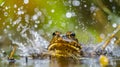 A frog with its eyes wide open, surrounded by splashing water droplets Royalty Free Stock Photo