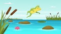 Frog jumping in pond. Vector cartoon background Royalty Free Stock Photo