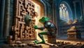 Frog knight solving a wooden puzzle door in an ancient library