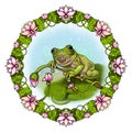 Frog on the lake with lotuses. Decorative pattern for use in textile, postcard, illustration Royalty Free Stock Photo