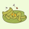 Frog lies on a lily pad. Cute cartoon doodle toad sleeping on the pool. Royalty Free Stock Photo