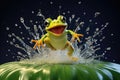 frog on a lily pad with a raindrop splash, showcasing dynamic water movement Royalty Free Stock Photo