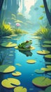 Frog on Lily Pad in Serene Fantasy Forest Pond with Soft Lighting Royalty Free Stock Photo