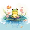 Frog on a lily pad. Watercolor Cute Little Happy Frog clipart on top of water, AI Generated Royalty Free Stock Photo