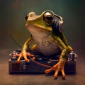 Frog listening to music in headphones on a vintage turntable