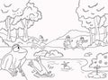 frog looking at wizard running illustration for coloring page