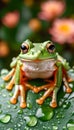 Frog on Lotus Leaf with Morning Dew Royalty Free Stock Photo