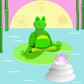 Frog meditation in front of a lotus flower on a lake with bamboo Royalty Free Stock Photo