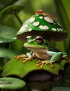 Frog on mushroom in the forest. Green tree frog on a mushroom. Royalty Free Stock Photo