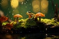 Frog and mushrooms close up on natural blurred forest background. Beautiful wildlife scene. save earth, ecology concept. beautiful Royalty Free Stock Photo