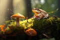 Frog and mushrooms close up on natural blurred forest background. Beautiful wildlife scene. save earth, ecology concept. beautiful Royalty Free Stock Photo