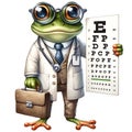 Frog Optometrist Testing Eyesight holding an eye chart watercolor clipart. AI Generated