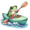 Frog paddling a kayak clipart watercolor
