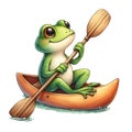 Frog paddling a kayak clipart watercolor