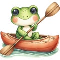 Frog paddling a kayak clipart watercolor