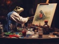 A frog is painting a picture on an easel. Generative AI image. Royalty Free Stock Photo