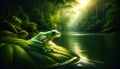 Frog perched on a leaf by the riverbank, AI-generated. Royalty Free Stock Photo