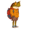 An Frog Person, isolated vector illustration. Cartoon picture of a casually dressed toad wearing a backpack. Drawn animal sticker