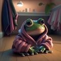 Frog in pink knitted sweater relaxing at home. Funny green frog in cozy clothes, self care concept. Generative AI