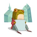 A Frog with a Placard, isolated vector illustration. Anthropomorphic toad, holding a blank copy space banner