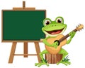 A frog playing guitar beside a blank blackboard Royalty Free Stock Photo